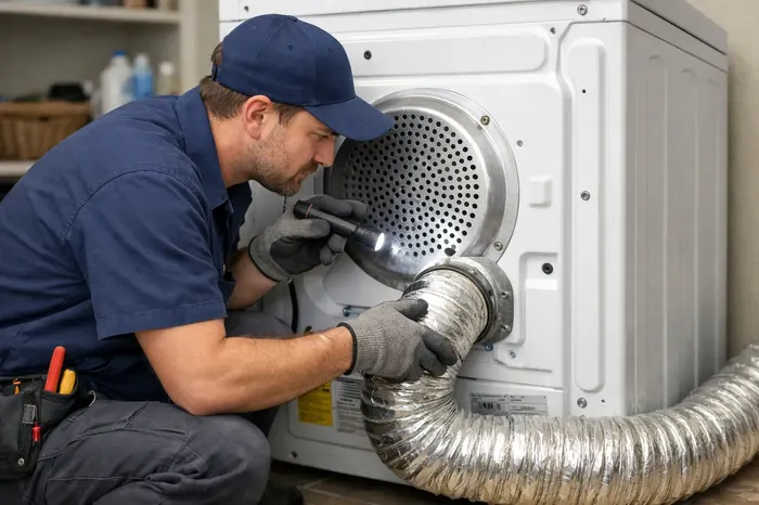 Technician inspecting the rear vent of a residential clothes dryer