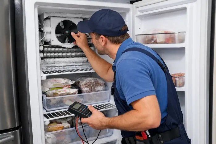 Technician checking the evaporator fan inside an open upright freezer