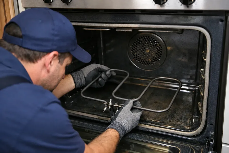 Technician replacing a bake element inside a residential oven